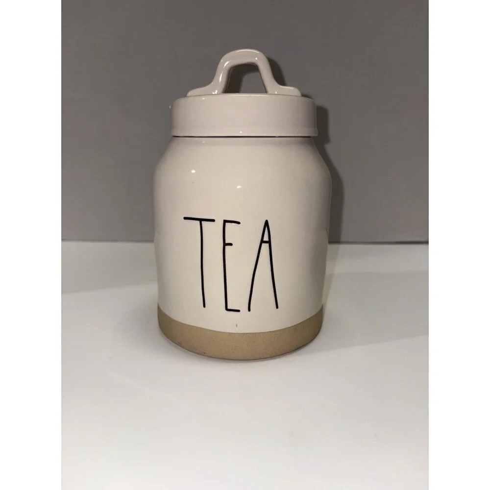 Rae Dunn 2021 Small Canister Tea Large Letters Sand Colored Bottom